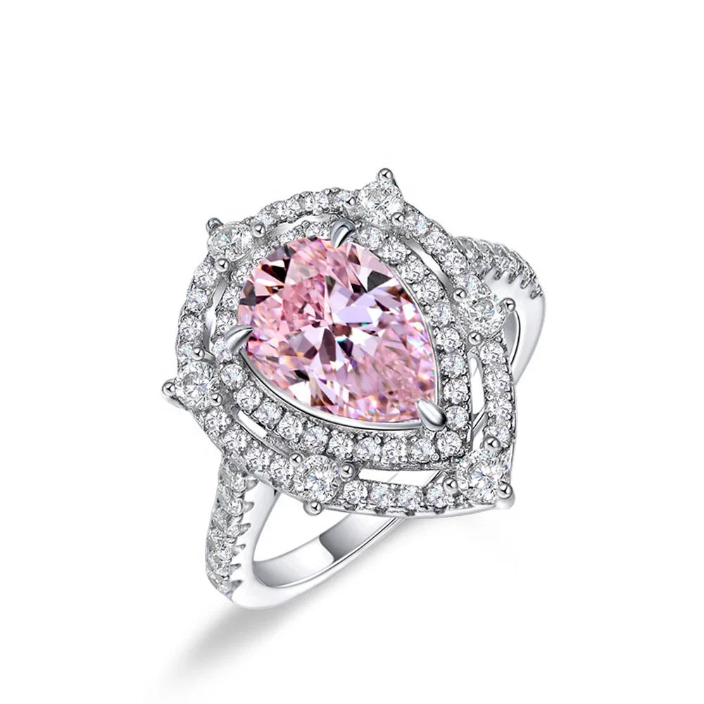Fancy Jewelry 925 Silver White Gold Plated 10*7mm Pink Pear Shape CZ Double Halo Engagement Ring for Women