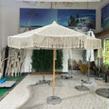 Beige Macrame Crochet Umbrella with Fringe Frame Boho Style Beach Umbrella Made From Beech Wood for Outdoor Use