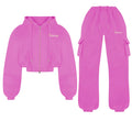 L230716 Custom OEM Emboss Logo Zip up Crop Top Hoodie and Jogger Set Two Pieces Women Tracksuit Set 2025 Spring Women Clothing