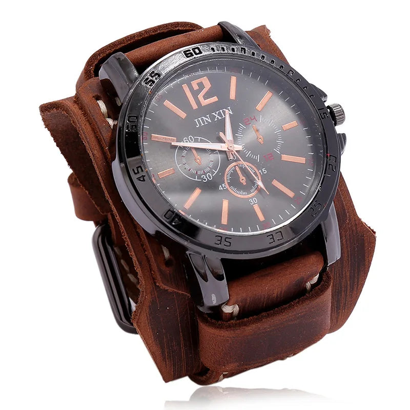Handmade Stitches Genuine Leather Wristband for Men 2021 New Punk Quartz Watch Bracelet with Pointer Display and Alloy Case