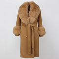 2023 Winter Jacket Women Long Natural Wool Blends Cashmere Real Fur Coat Double Breasted Belt Warm Loose Streetwear New Fashion