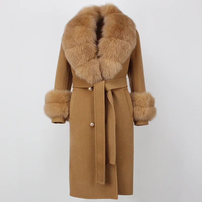 2023 Winter Jacket Women Long Natural Wool Blends Cashmere Real Fur Coat Double Breasted Belt Warm Loose Streetwear New Fashion