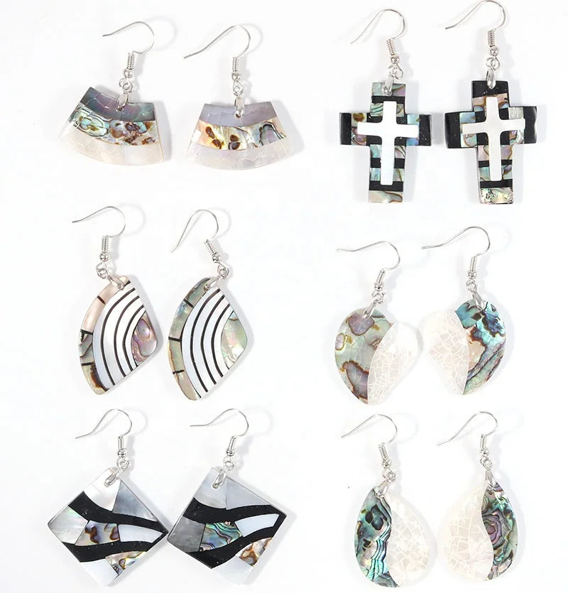 Handmade Natural Abalone Shell Cross Dangle Earrings With Heart Gems and Silver Hook Pair for Women Healing Fashion Jewelry Gift