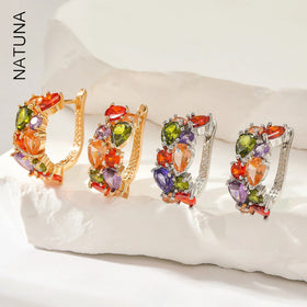 NATUNA Luxury Cubic Colored Ellipse Zircon Earrings in Brass Women's