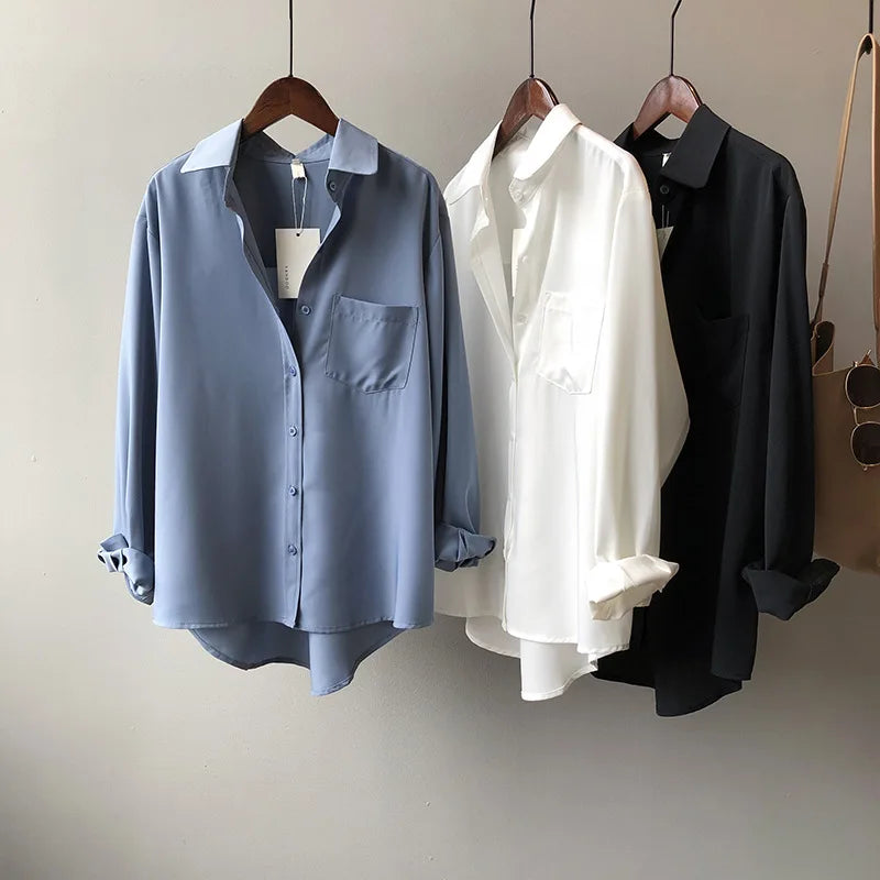 Boutique Wholesale 2026 Spring New Korean Version Solid Color Minimalist Temperament Long Sleeved Lapel Women's Shirt