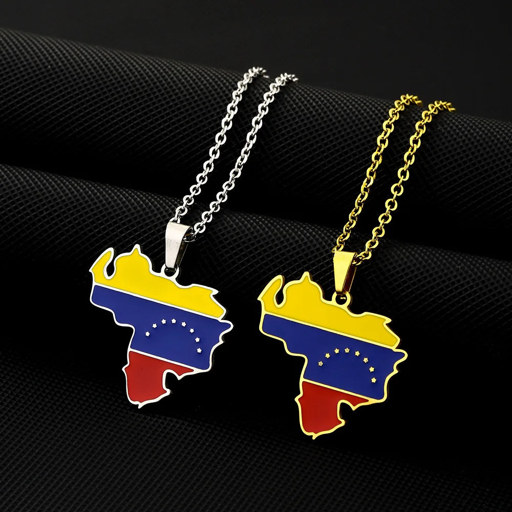 Stainless Steel Enameled Venezuela Map Chain Necklace 18K Gold Plated Enamel Venezuelan National Flag Map Pendant Necklace
