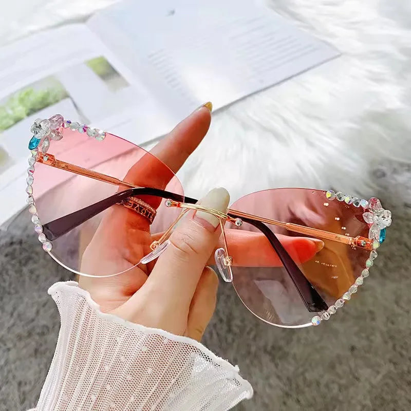 Cat Eye Rimless Rhinestone Womens Custom Fashion Shades Vintage Fashion Manufacturer Sunglasses