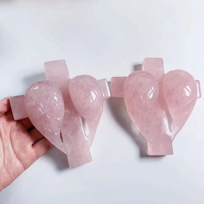 Wholesale Natural Hand Carved Energy Healing Crystals Cross Rose Quartz Healing Stone Crafts Crystal Wing Cross