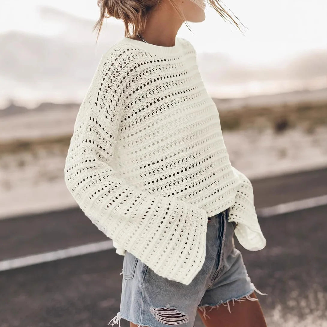 Women's Lightweight Silk Crochet Pullover Tops Embroidered Hollow Design Casual Long Sleeves Korean Winter Knit Sweater Front