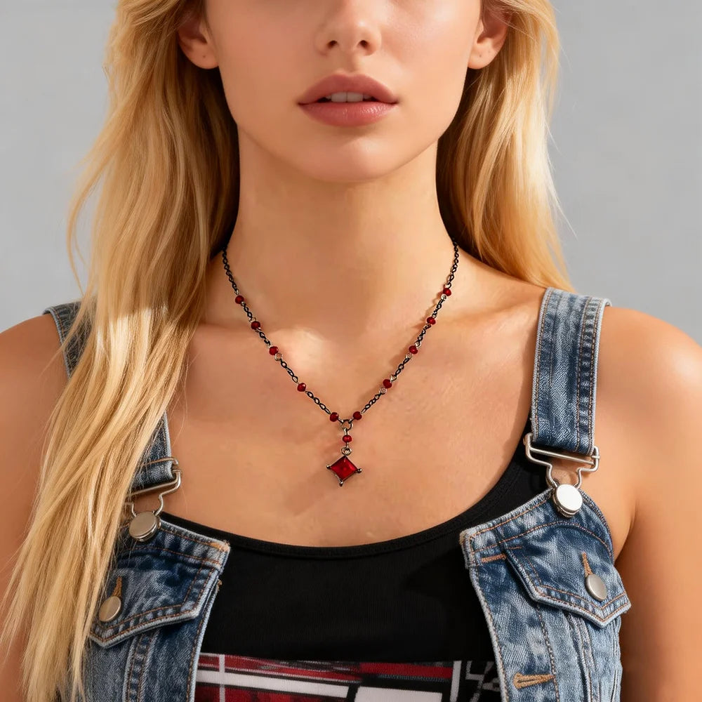Gothic Geometric Square Imitated Crystal Gem Necklaces for Women Trendy Lady Chain Necklaces on Neck Accessories Fashion Jewelry