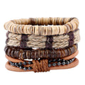 Punk Retro Style Elastic Coconut Shell Beads Men Adjustable Handmade Braided Hemp Rope Wrap Bracelet Set