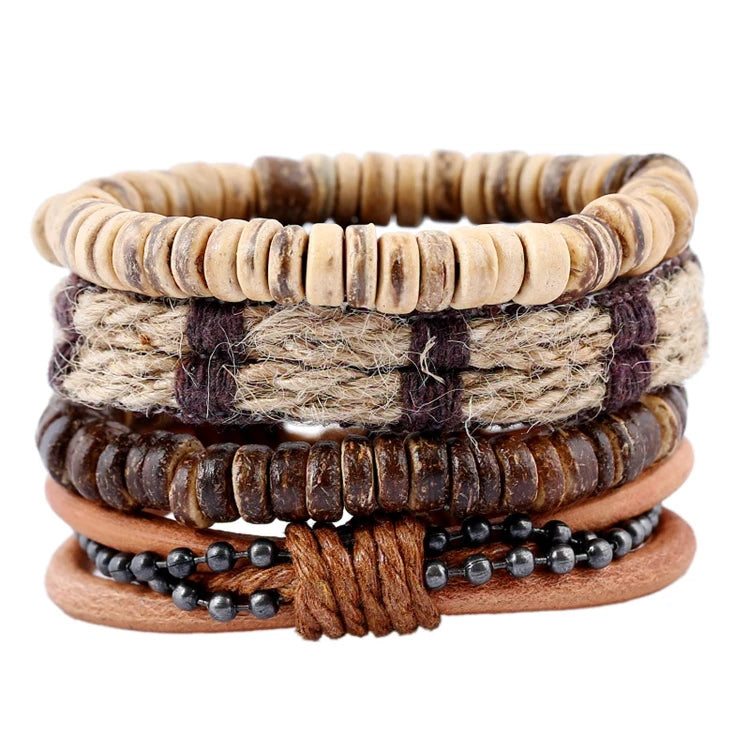 Punk Retro Style Elastic Coconut Shell Beads Men Adjustable Handmade Braided Hemp Rope Wrap Bracelet Set
