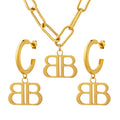 Fashion Design Girl Woman Stainless Steel Double B Pendant Earrings and Necklace Jewelry Sets Gold Plated Accessories