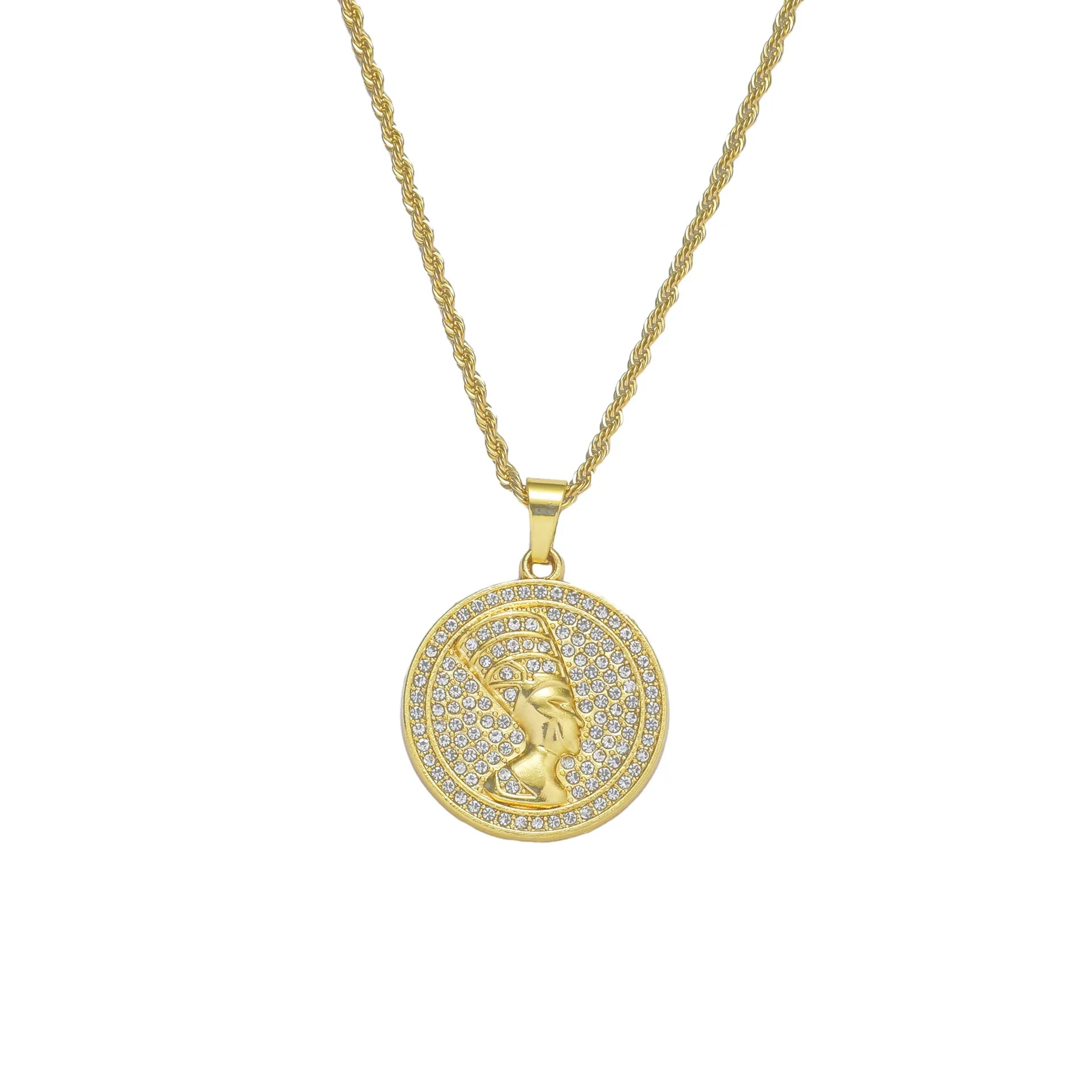 New Vintage Crystal Egypt Head Coin Pendant Necklace with Stainless Steel Chain Hiphop Necklace Male Rock Jewelry