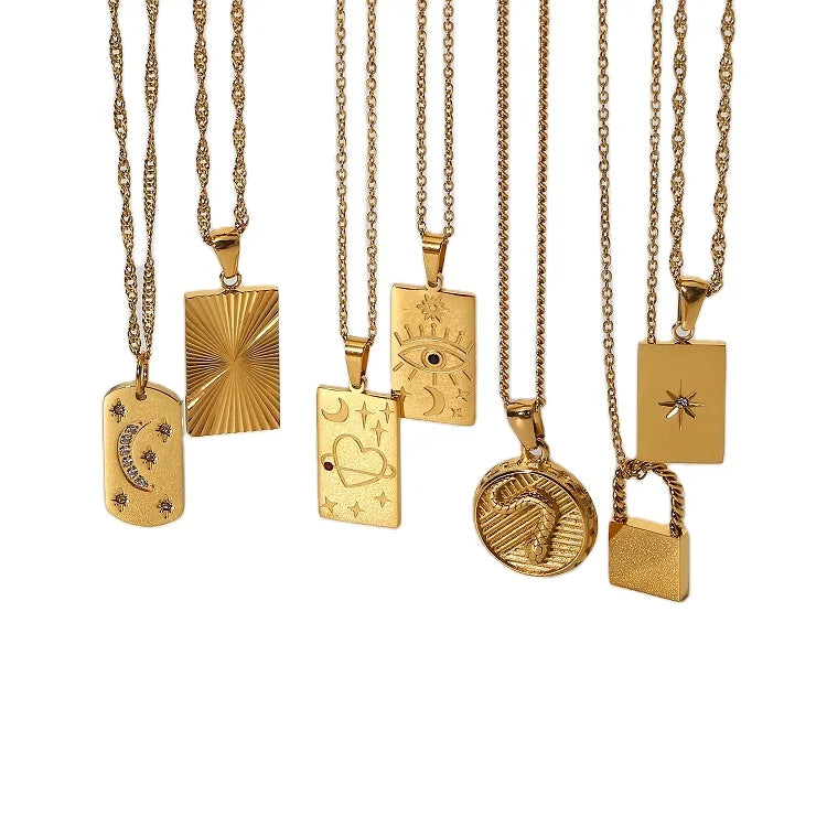 G501 18k Gold Plated Stainless Steel Necklace Square Tarot Pendant Necklace for Women