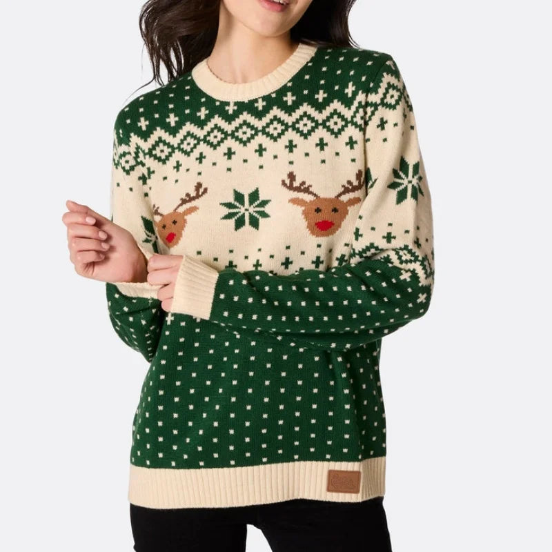 Custom Designed 2026 Winter Women's Retro Green Reindeer Christmas Sweater Front Logo Knitted Casual Style 100% Acrylic