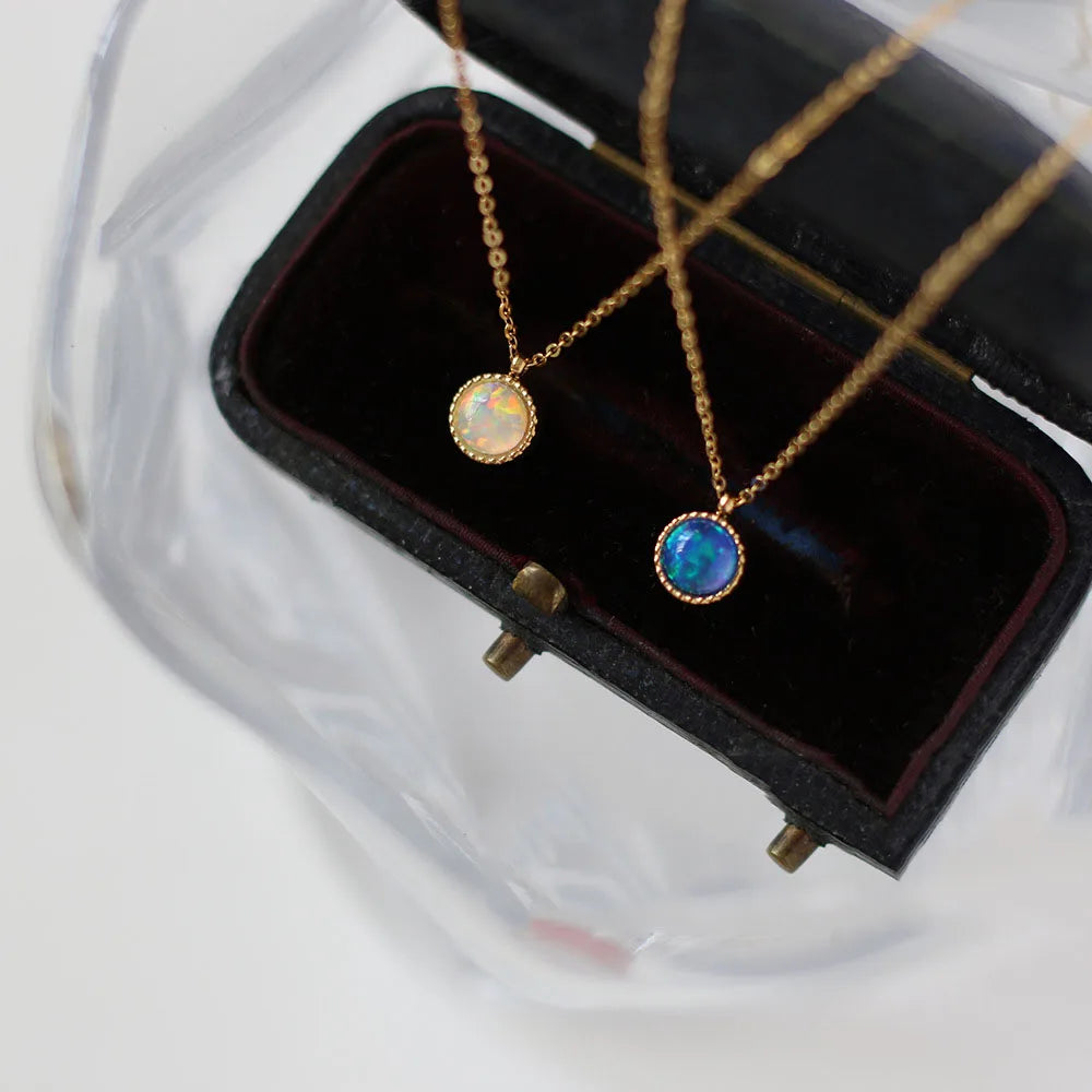 Simple Unique Gold Plated Stainless Steel Artificial Opal Stone Pendant Necklace Jewelry for Women Girls