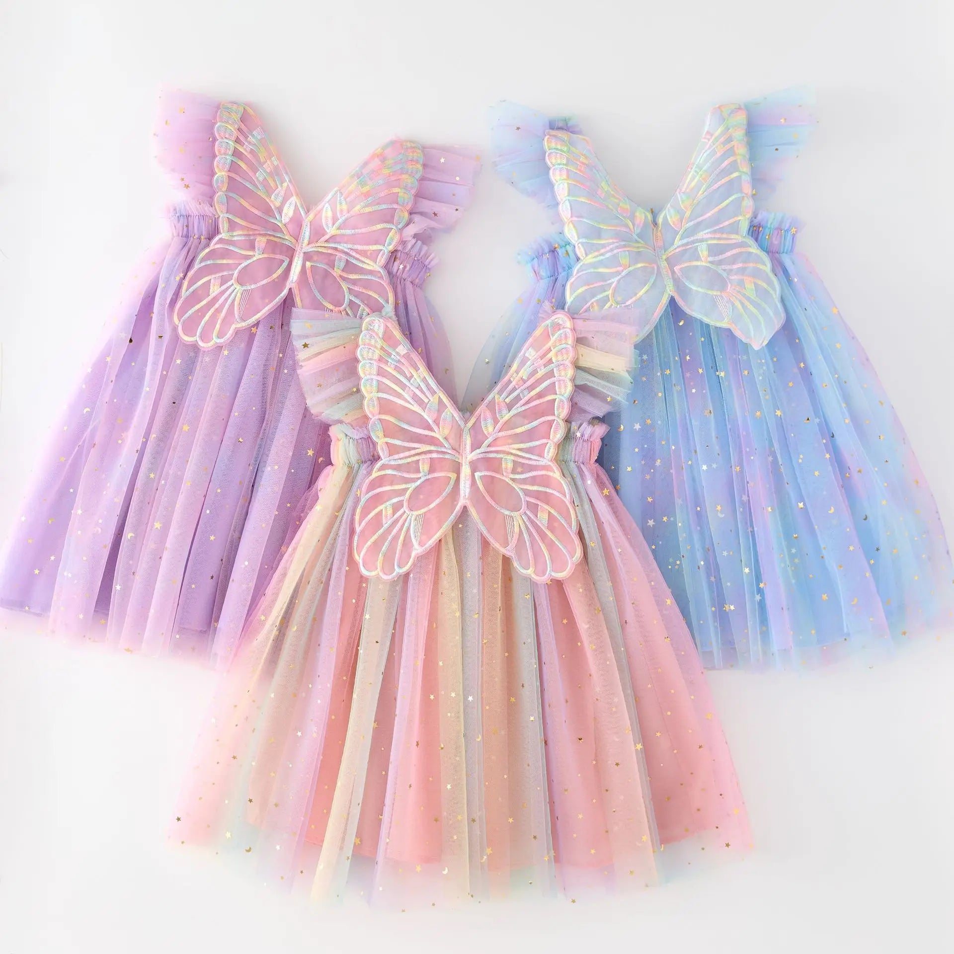 2025 Summer Sparkle Stars Butterfly Kids Birthday Tutu Dress Tie Dye Rainbow Flutter Sleeve Kids Girls Butterfly Tulle Dress