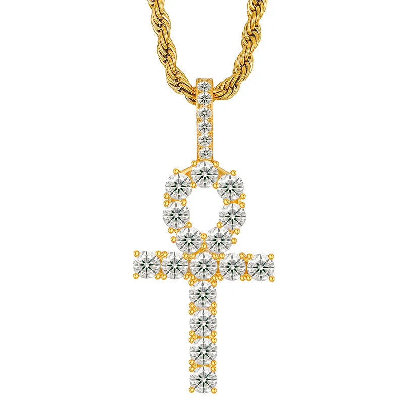 Women's Trendy 925 Sterling Silver Iced Out Moissanite Water-wave Chain Rope 18k Gold Plated Ankh Cross Pendant Charm Necklace