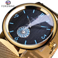 2025 Forsining Minimalist Design Golden Stainless Steel Mesh Band 3D Moving Small Waterproof Unique Steampunk Mechanical Watches