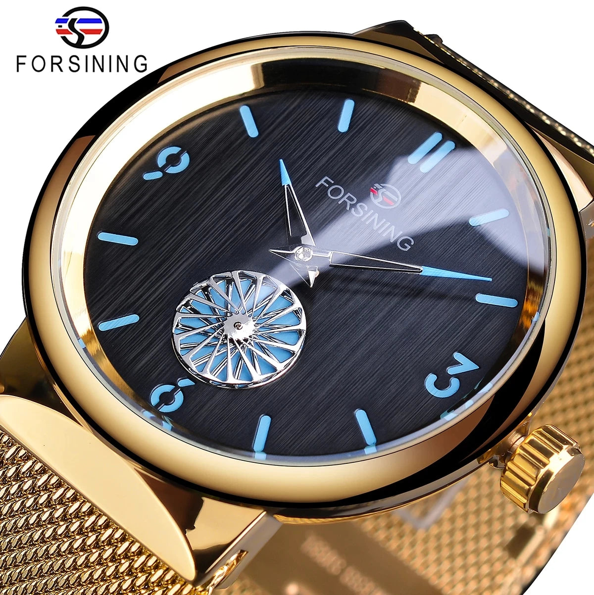 2025 Forsining Minimalist Design Golden Stainless Steel Mesh Band 3D Moving Small Waterproof Unique Steampunk Mechanical Watches