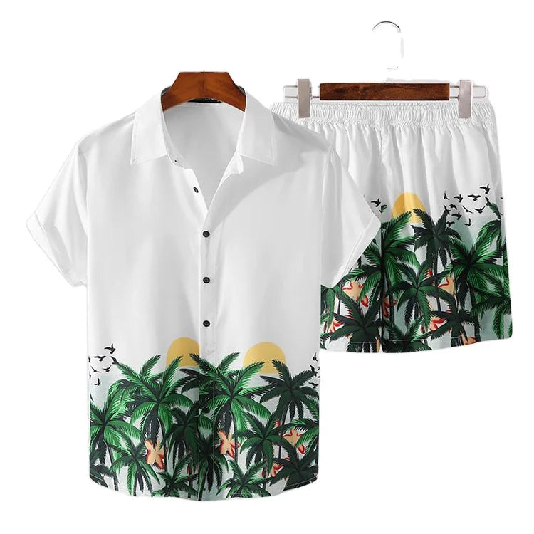 New Printed Men Hawaiian Sets Vacation Lapel Short Sleeve Shirt & Shorts Summer Fashion Streetwear Mens Suits 2 Pieces Set