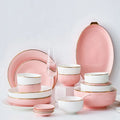 Gold Rim Pink Ceramic Dishes Dinnerware Sets 12pcs Color Glaze Light Luxury Ceramic Plates and Bowls Set