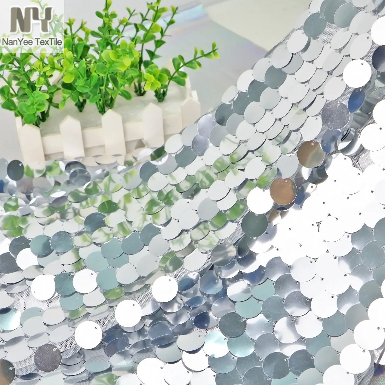 Nanyee Textile 18mm Hanging Embroidered Big Dot Plain Silver Sequin Fabric
