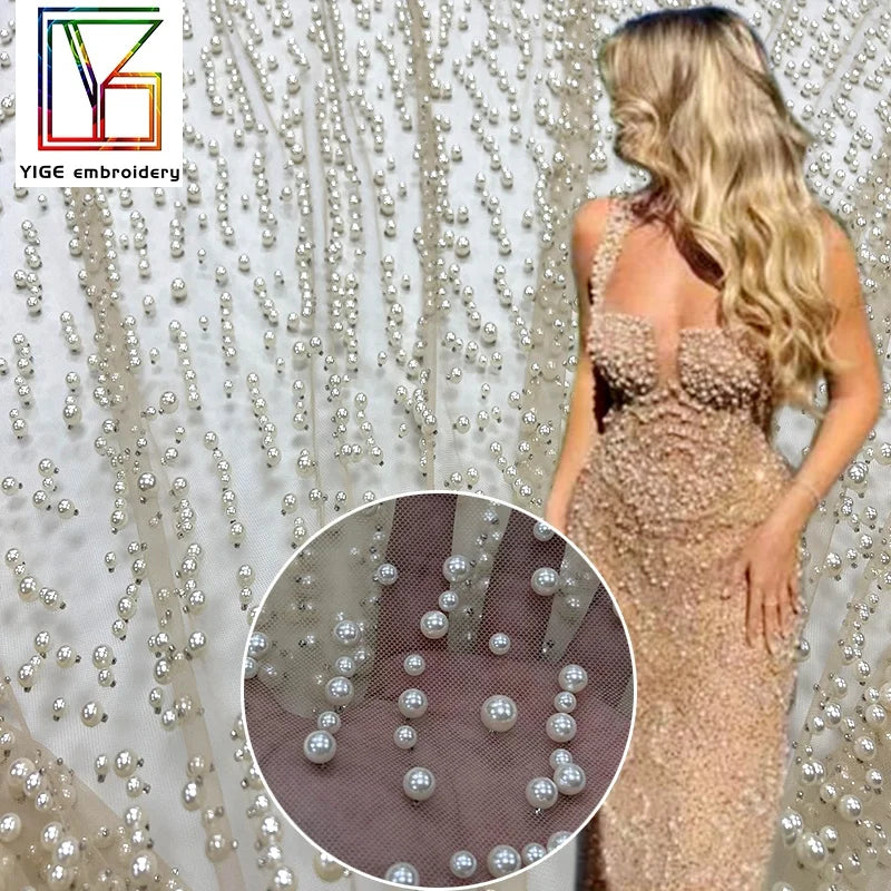 Luxury French Heavy Beaded Lace Fabric Dubai Pearl Bead Embroidery Sequins Bridal Tulle Lace Fabric for Wedding Dress