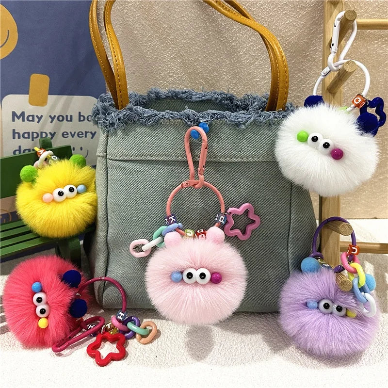 Cute Cartoon Chain Star Anime Funny Elf Pompom Plush Doll KeyChain Faux Fur Promotional Gift Car Bag Mobile Phone Charms Pendant