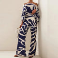 Autumn New Women's Printed Round Neck Bat Sleeve Waist Wide Leg Pants Fashion Casual Set