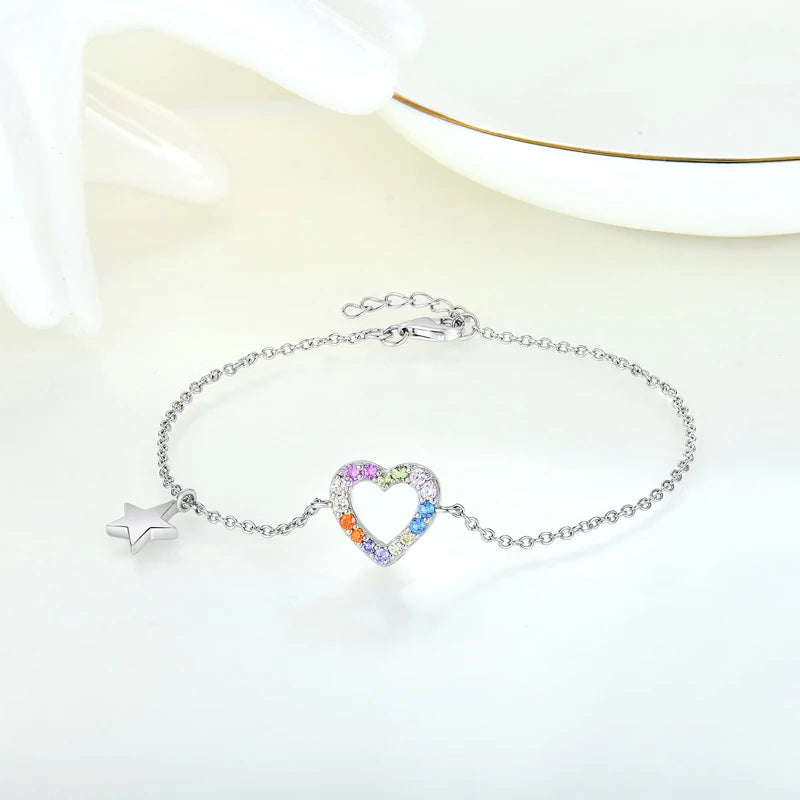 Customized Dainty Rhodium Plated Luxury Colorful Zirconia 925 Sterling Silver Heart Bracelets
