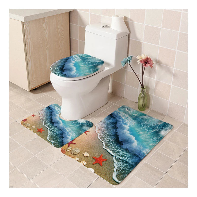 3 Pieces Toilet Mat Set Flannel Printed Bath Floor Mat Set Non-slip Bathroom Mat Set Absorbent Rug Carpet