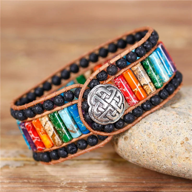 Handmade 7 Chakra Cuff Bracelet Jasper Lava Beads Wrap Bracelet Boho Natural Stone Leather Bead Bracelet Charm Jewelry Wholesale
