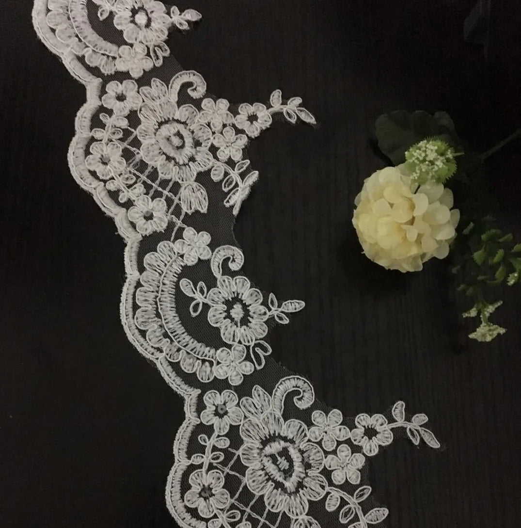 Sequined Polyester White Curtain Border Lace Trim Embroidery Flower LT2231B