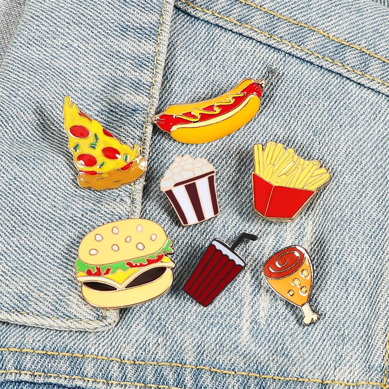 13 Style Snack Brooch Burger Pizza Chicken Drinks Coffee Popcorn French Fries Hot Dog Enamel Pins Food Brooch for Women Jewelry