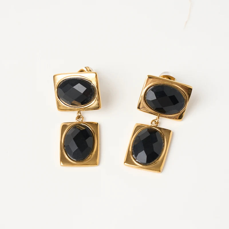 Hot Selling Fashionable Square Stainless Steel 18K Gold Black Crystal Retro Luxury Earrings