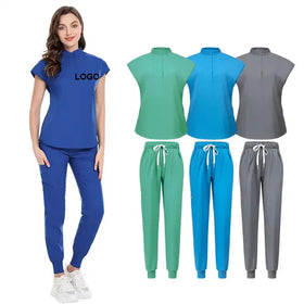 Customized OEM logo Scrub Suit v Neck Doctor Hospital Uniforms Suits Top Jogger Pants Scrubs Mens Unisex Nursing Uniform Set