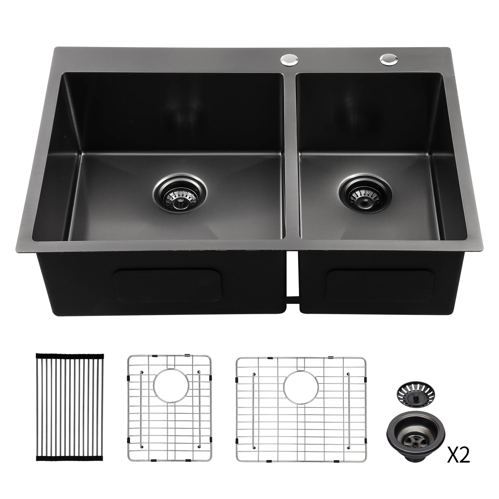 Top Mount Sink Drop-In Stainless Steel 2 Faucet Hole Double Bowls Wahdisher Kitchen Sink