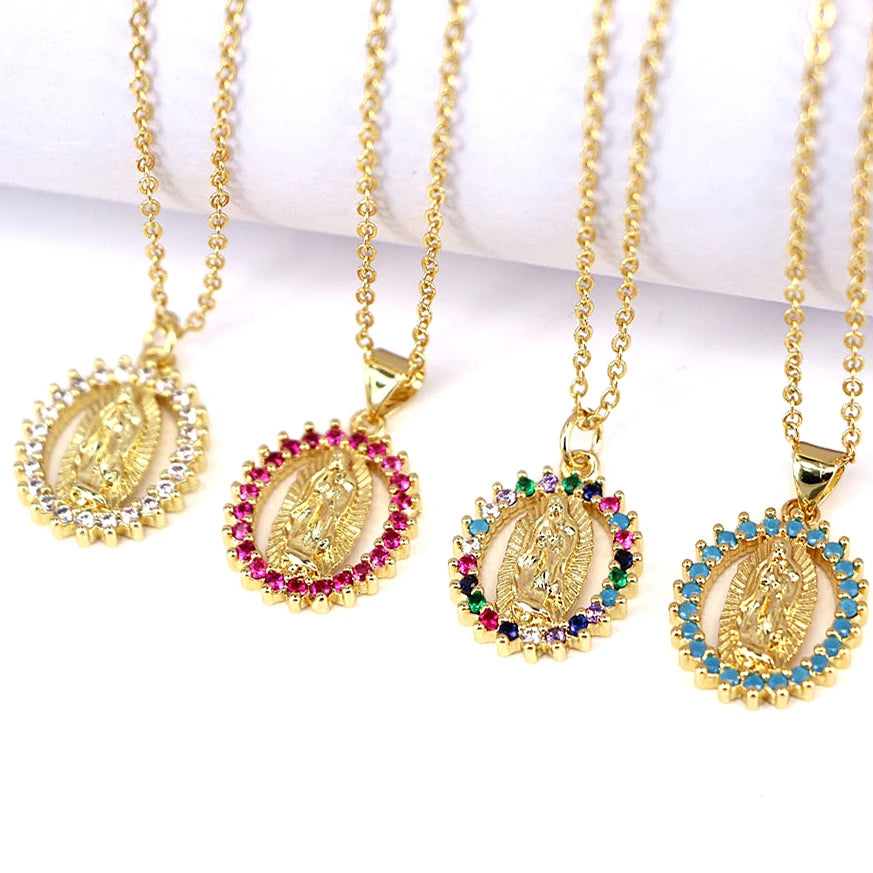Creative Religion Hollow Oval Accessory Sparkling Multicolor Zirconia Necklace Unique Virgin Mary Necklace Gifts for Women