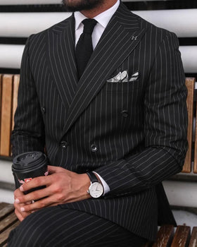 Black Striped Men Wedding Suits Peaked Lapel Groom Wear 2 Pieces Business Evening Party Custom Made( Jacket+Pants)