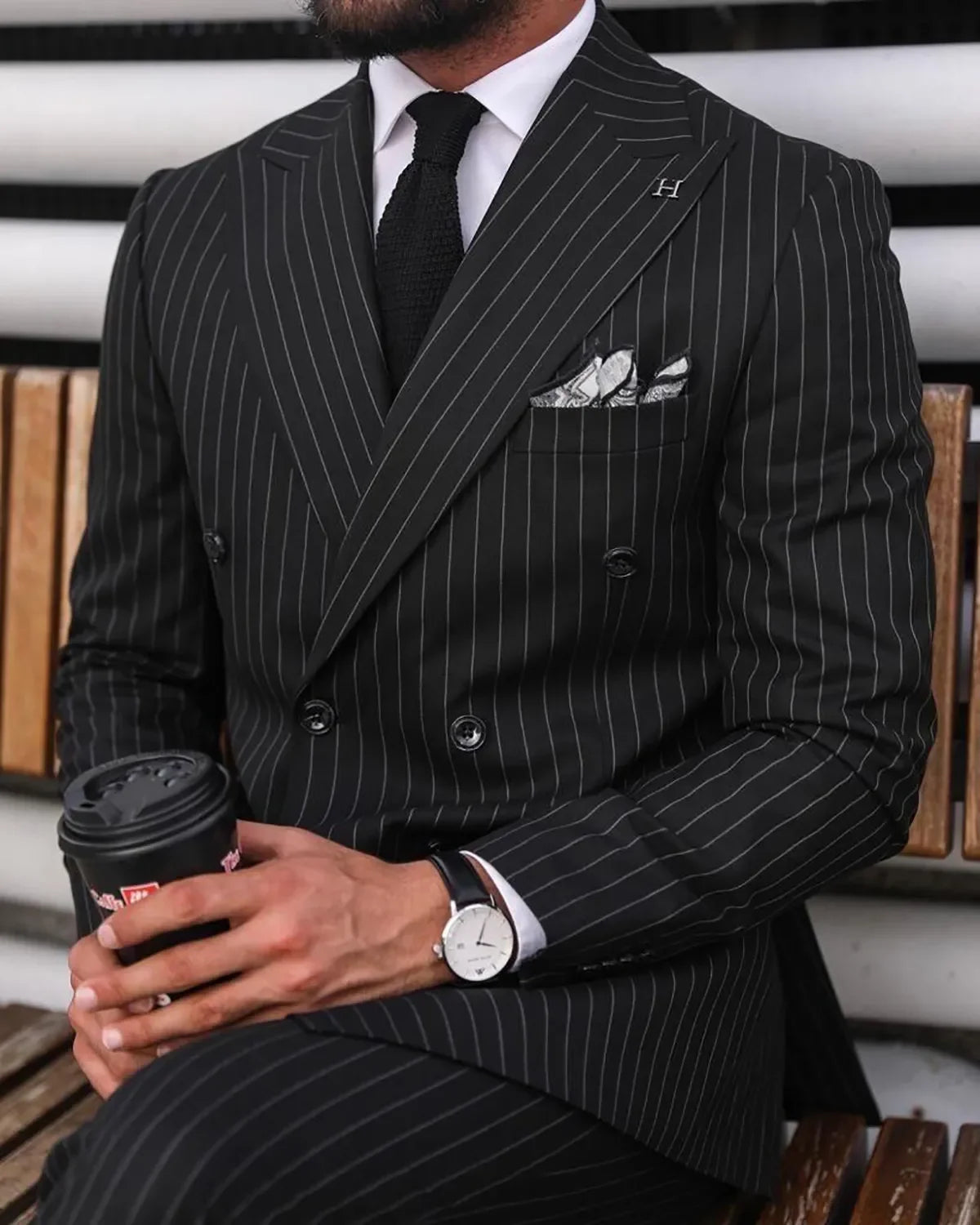 Black Striped Men Wedding Suits Peaked Lapel Groom Wear 2 Pieces Business Evening Party Custom Made( Jacket+Pants)