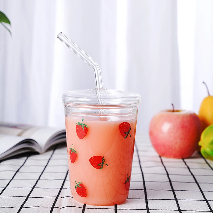 Cute Strawberry Printing 400ml Single Wall Glass Cup With Glass Lid Straw