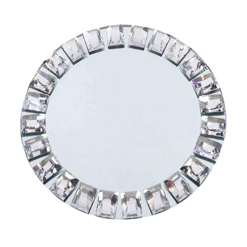 13Inch Diamond Silver Gold Jeweled Rim Beads Table Decorative Glass Mirror Under Serving Chargers Plates for Wedding Event Party