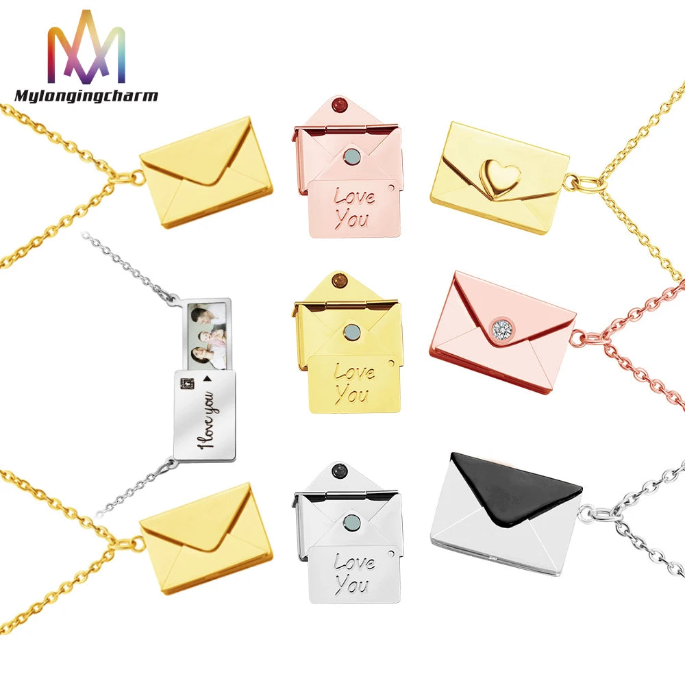 Custom Engravable Stainless Steel Necklace Jewelry Envelope Locket Pendant Necklace for Women Men Gift