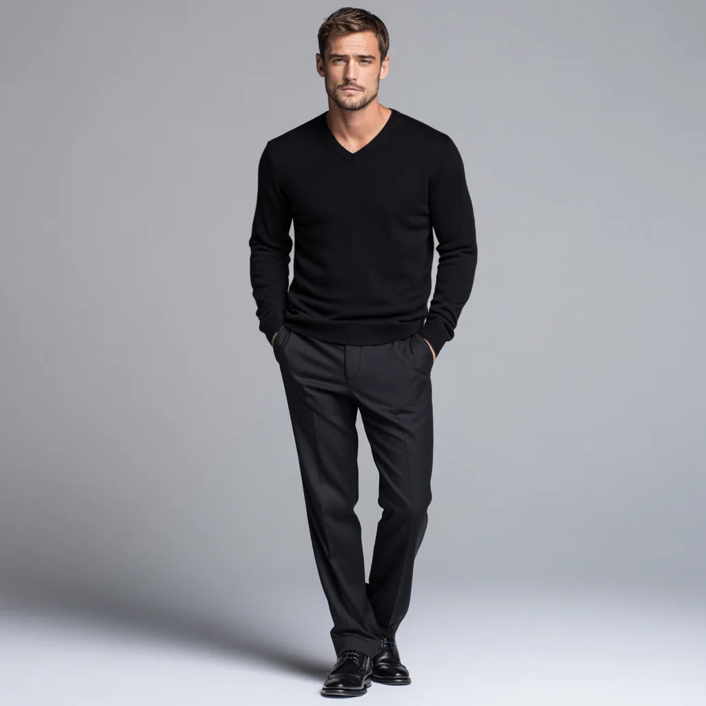 Men's Comfortable and Fashionable Cashmere Blend V-Neck Sweater and Knit Trousers Set