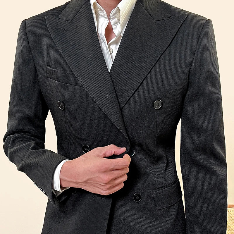 Men's New Double-Breasted Slim Casual Business Suit with Mandarin Collar Lapel Wedding Suits for Adults