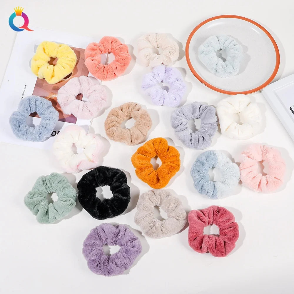 QIYUE Plush Fur Fluffy Scrunchies Chouchou Winter Autumn Hair Tie Ponytail Holder