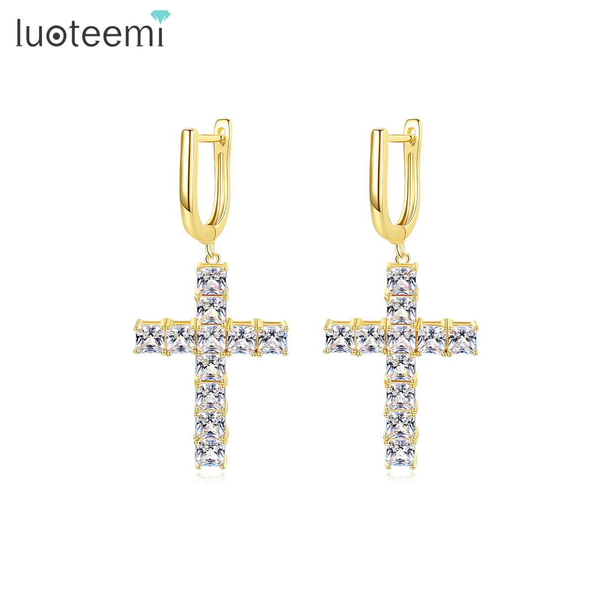 LUOTEEMI Square Shape Zircon Hip Hop Clip Fashion Jewelry Stone Earring for Women Gold Plated Cross Earrings