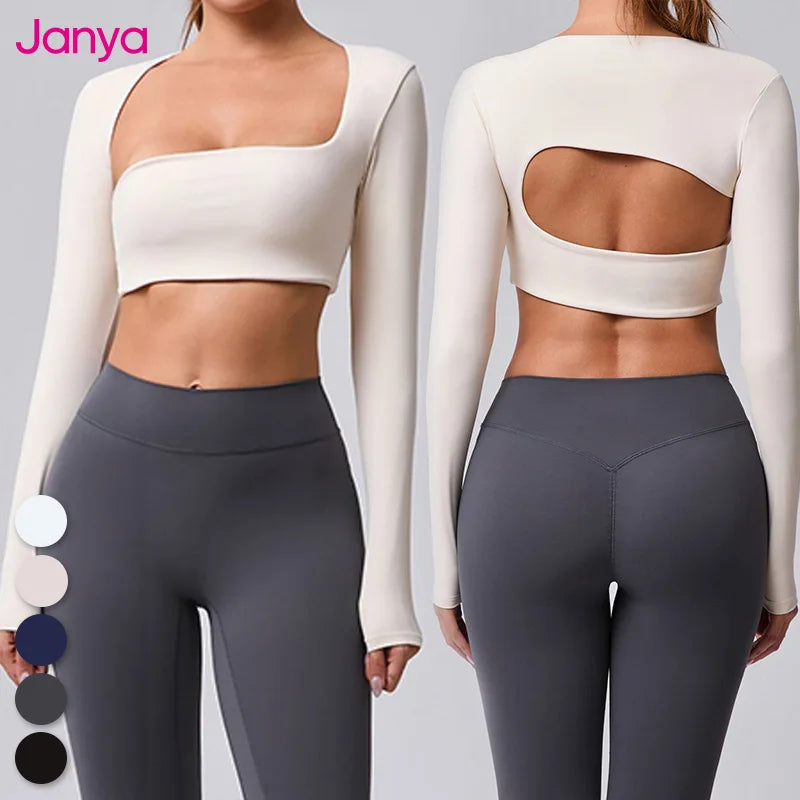 Janya Women's Crop Tops Long Sleeve Outdoor Running Yoga Top Ladies Quick Dry Fitness Crop Top with Brushed Hollow Out Design